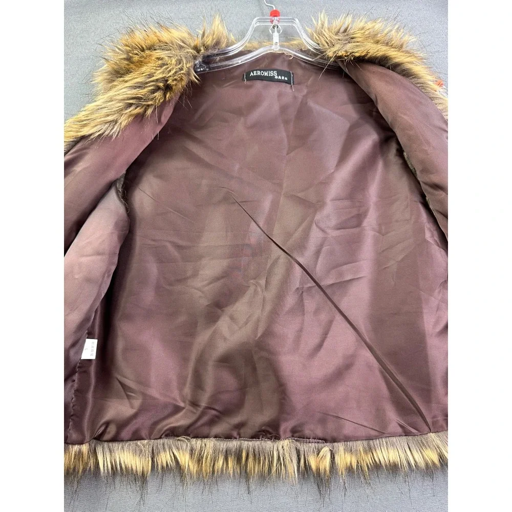 Aeromiss Brown Faux Fur Vest Open Front Sleeveless Jacket Women's Large L